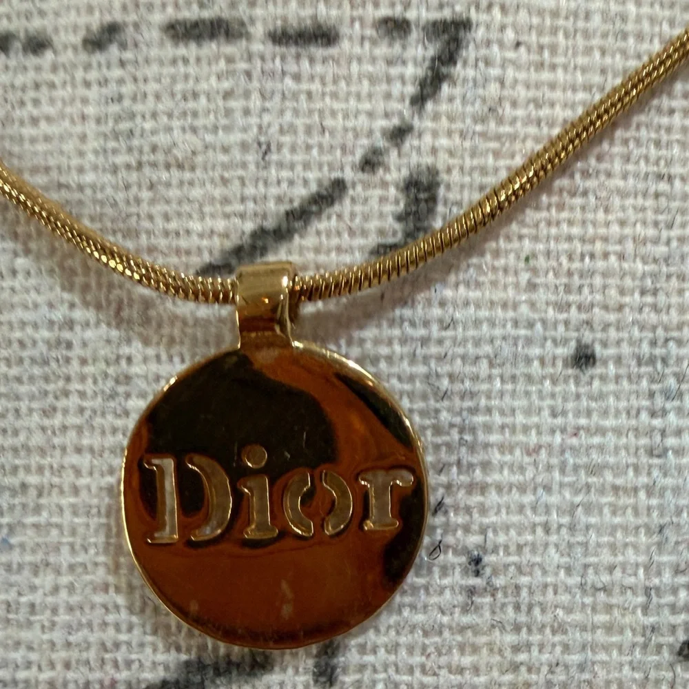 Dior Gold Tone Round Logo Pendant Necklace - Picture 2 of 7